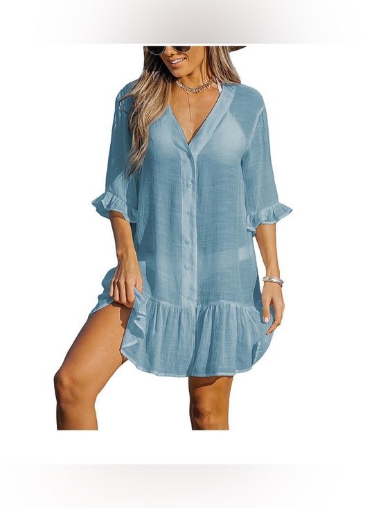 Cupshe Other - Cupshe Blue Ruffle Hem Cover Up Dress M NWT Button Front Beach Tunic Boho